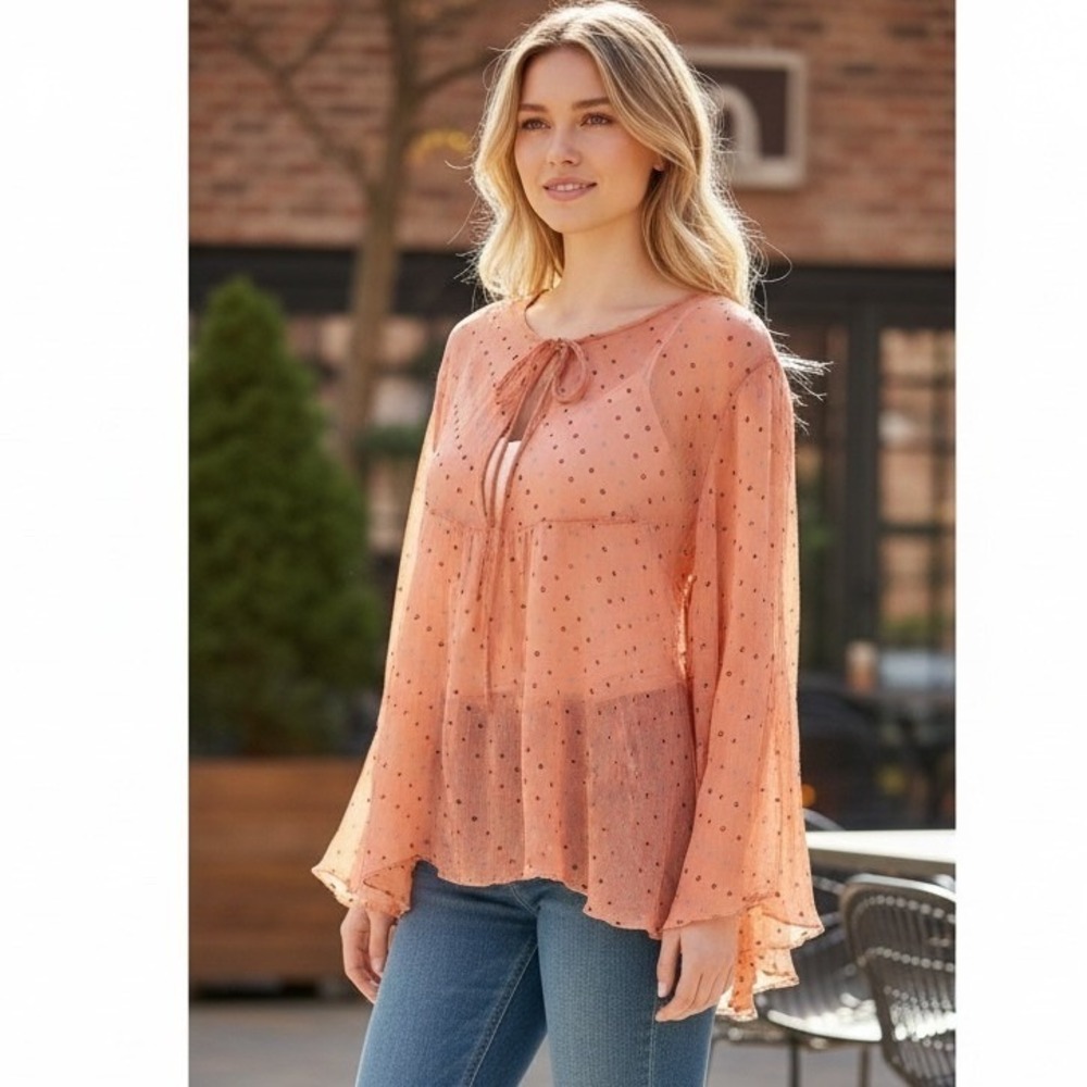 J JILL Sheer Peasant Blouse Top Sz XL Orange Boho Bell Sleeve Romantic Hippie